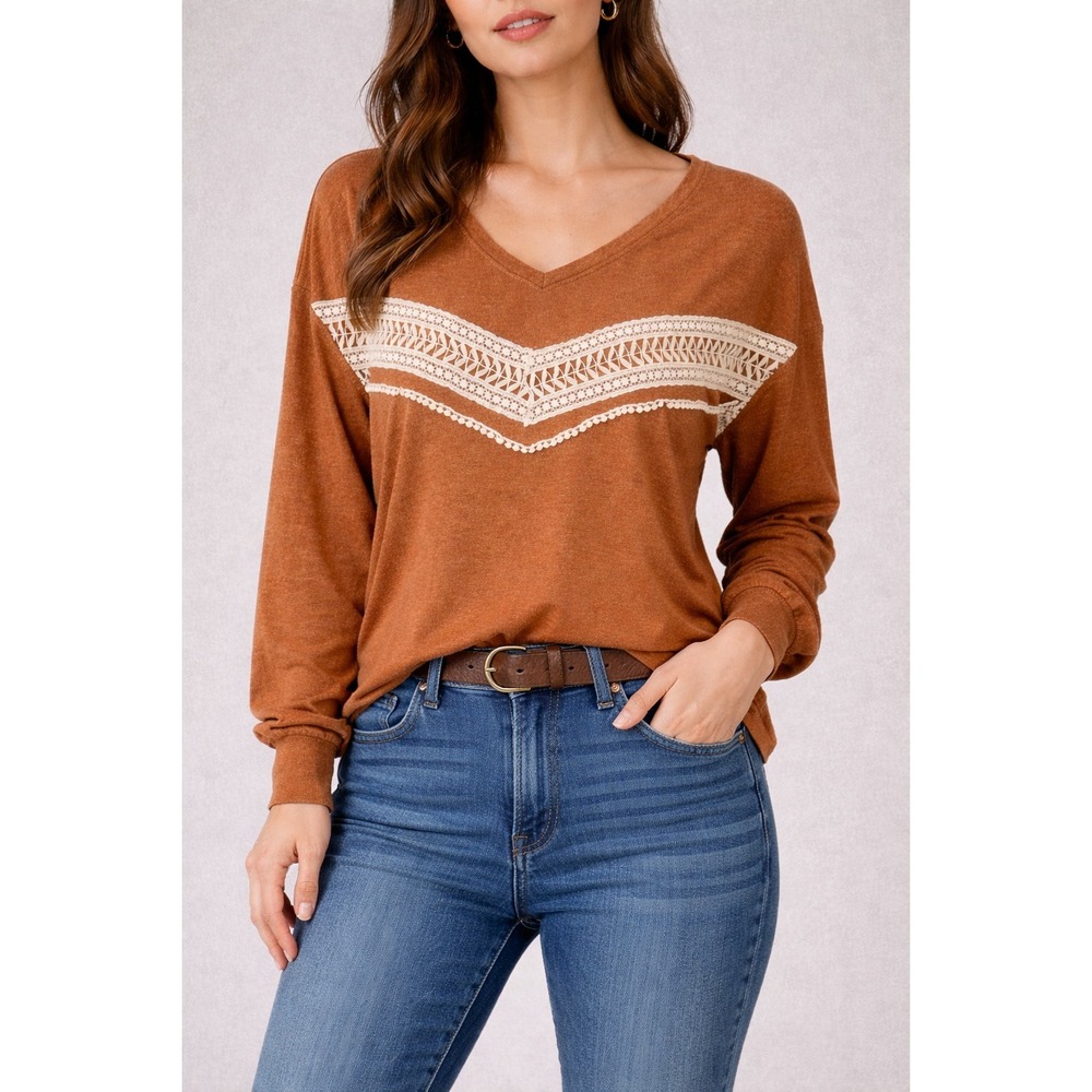 Lovely Melody Long Sleeve Blouse Top Womens M‎ Orange Crochet Lace Trim V-Neck
